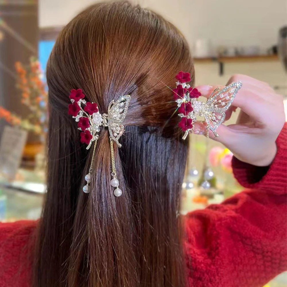 Butterfly Tassel Pearl Hair Claw Red Flower Festival Hairpin For Girls Ponytail Hair Clips Crab Women Fashion Accessories Gifts