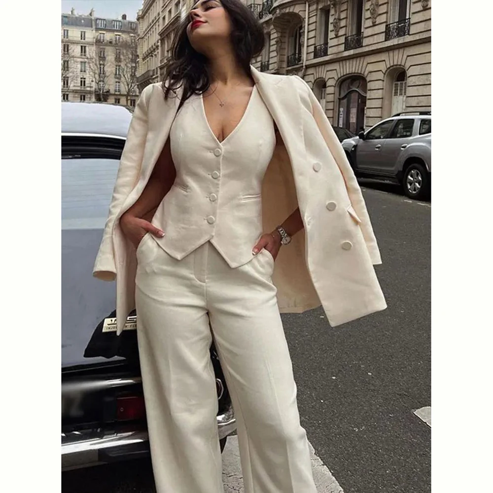 Luxury Beige Suit for Women Single Breasted 3 Piece Jacket Vest Pants Notch Lapel Female Clothing Formal Office Lady Blazer Set