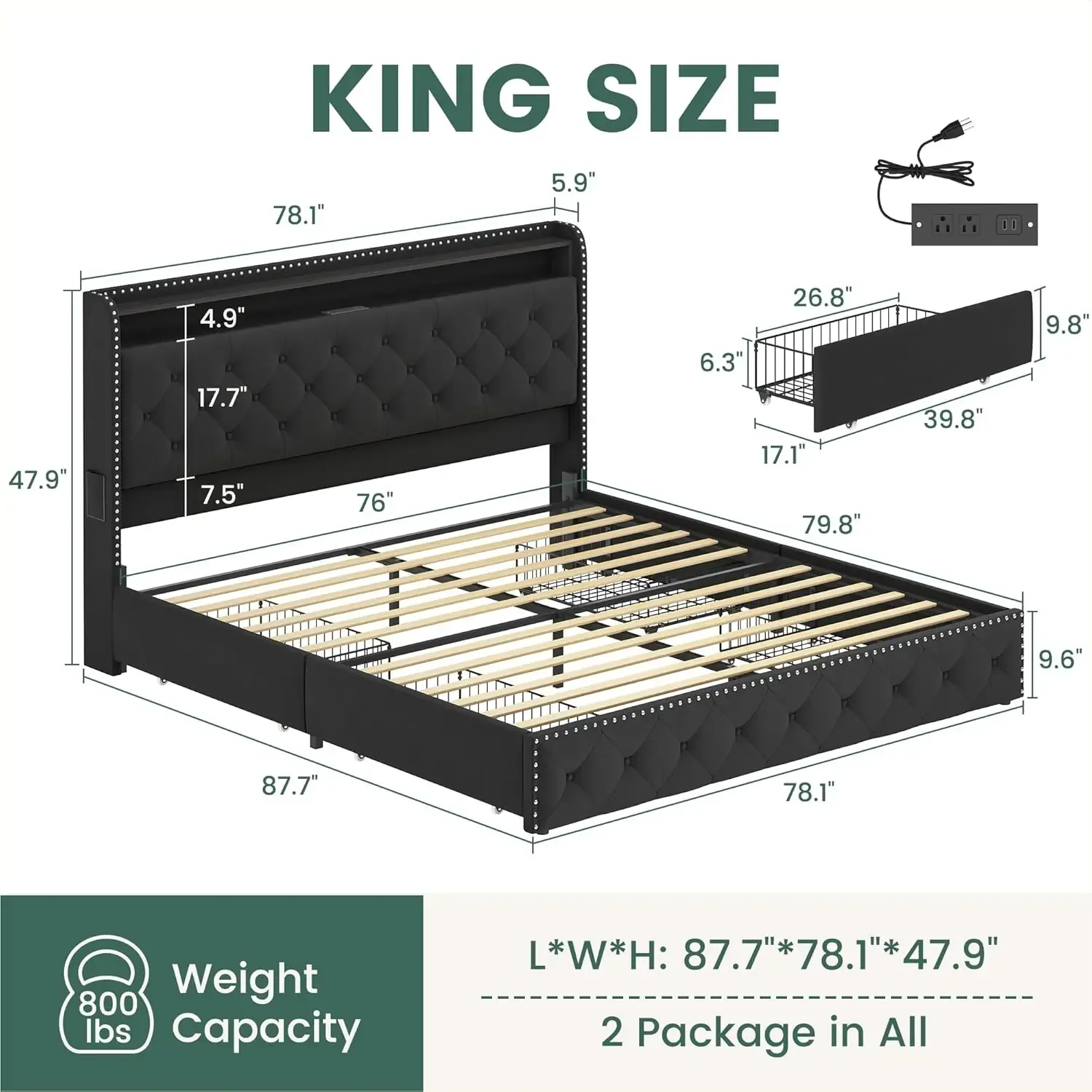 King Velvet LED Bed Frame with Storage Headboard and USB Charging Station, Upholstered Platform with 4 Drawers, Noise-Free