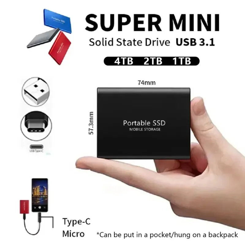 القرص الصلب 2 تيرا بايت محمول SSD 4 تيرا بايت محرك الحالة الصلبة الخارجي USB 3.1/Type-C محرك الأقراص الصلبة الخارجي عالي السرعة للتخزين للكمبيوتر/Mac/الهاتف