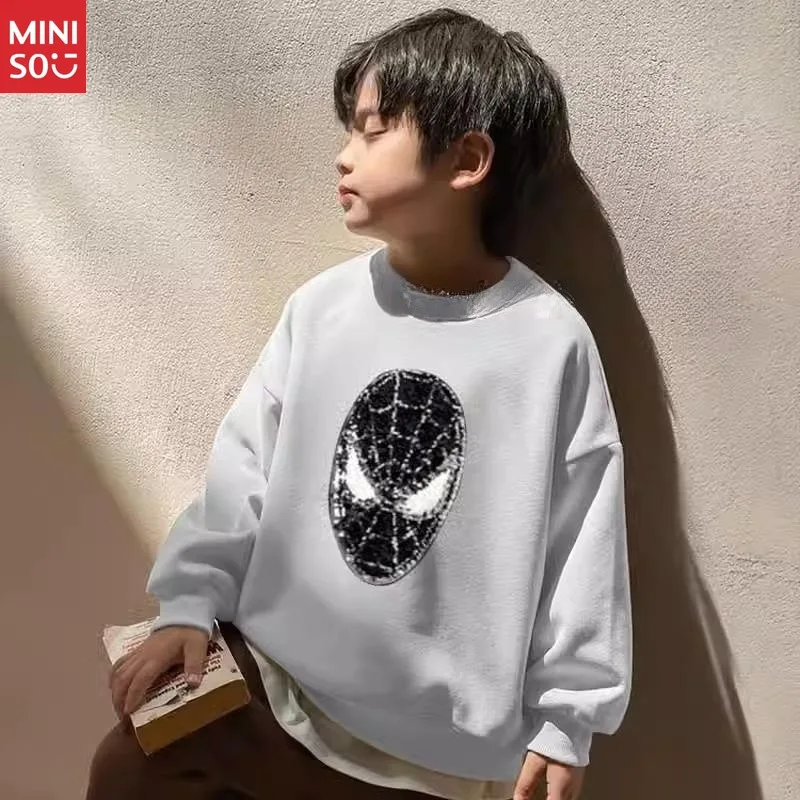 تي شيرت Miniso Boys Glitter Color Change Spider-Man Kids Winter، بأكمام طويلة من الصوف