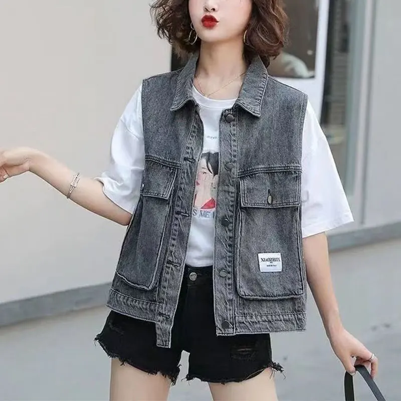 

Women's Autumn Fashion Simplicity Solid Color Polo Collar Cowboy Jacket Vest Women Clothes Casual All-match Temperament Tops