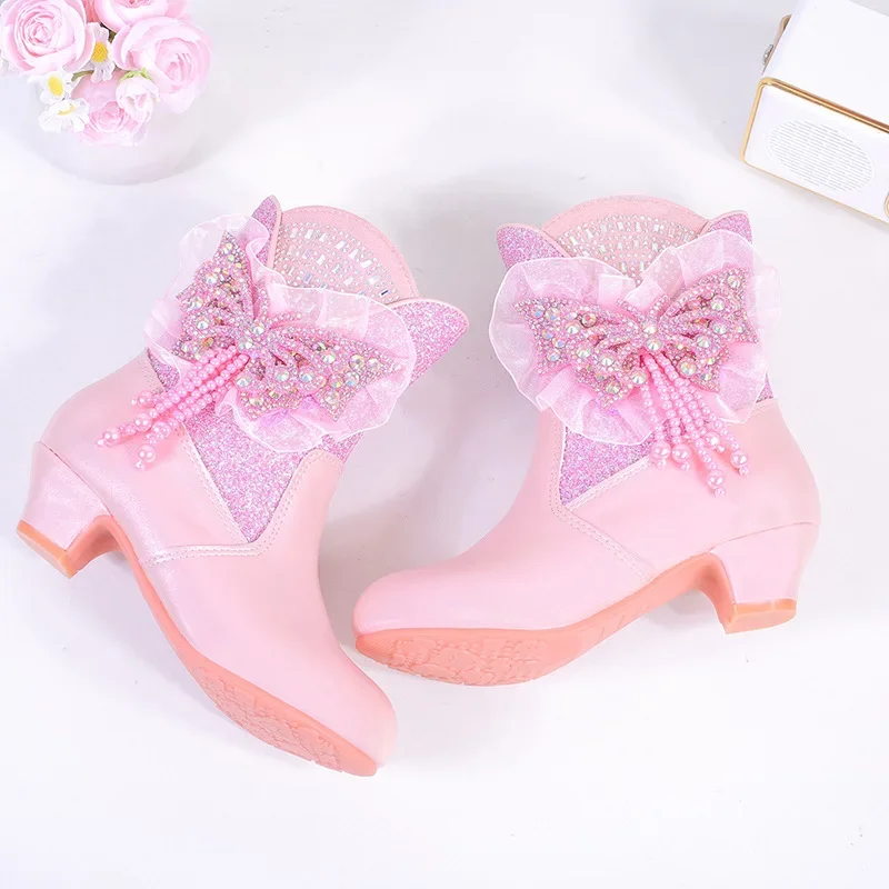 Children's Winter Boots for Girl Sequins Butterfly Princess Fashion High-heels Boots Luxury Kids Cotton Boots Catwalk Versatile