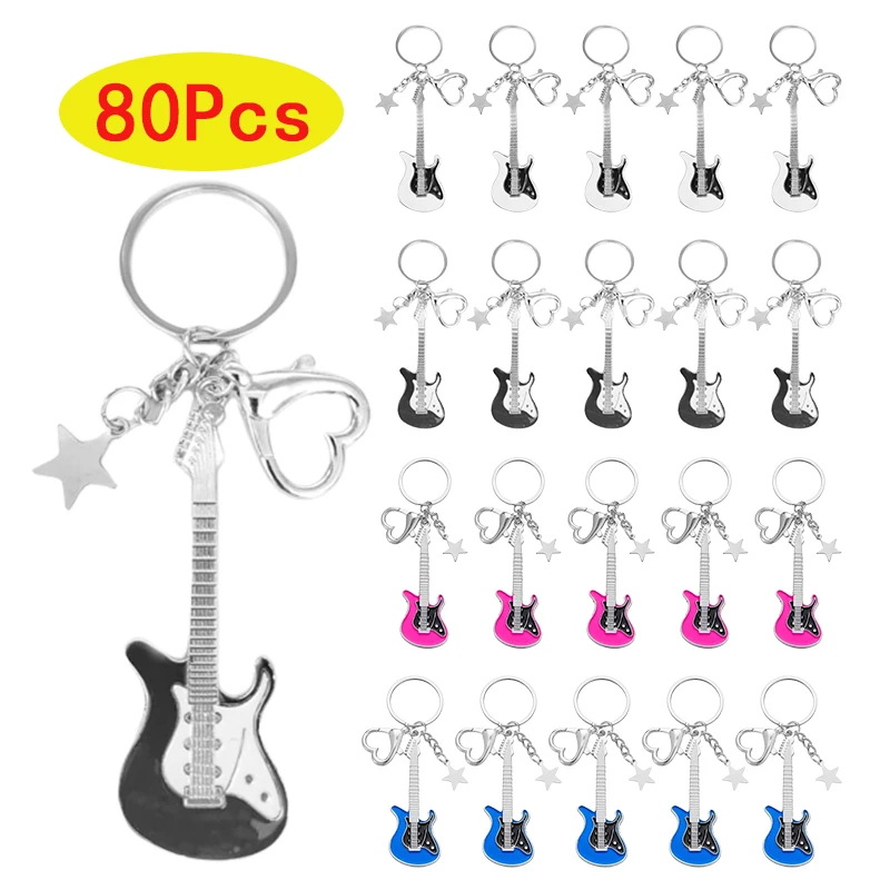 80Pcs Guitar Love Heart Star Keychain for Men Women Sweet Cool Trendy Fashion Pendant Keychain Vintage Accessories Gift