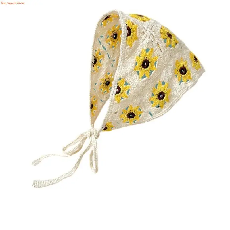Q5WE Bohemian Crochet Flower Head Scarf Headbands Triangular Head Wrap Bandanas Headpiece Turban Hairband for Women Photography