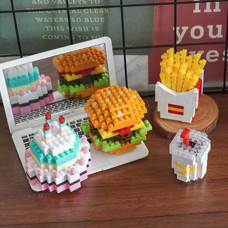 3Pcs Mini Blocks Fast Food Burger French Fries Diamond Blocks DIY Puzzle Assembly Ornament Children\'s Toys Holiday Gift