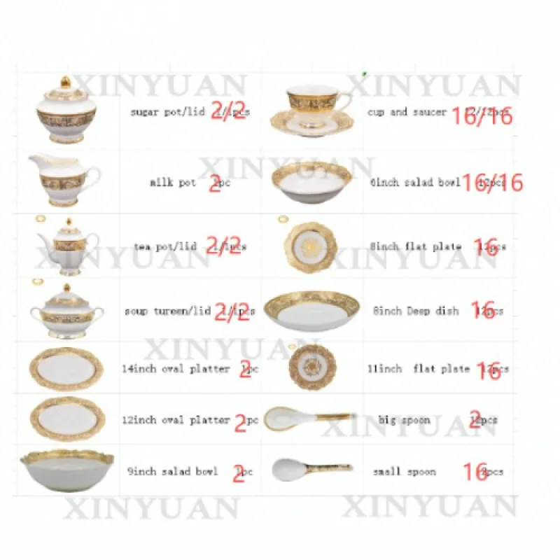 Dinnerware Set, 134 Pieces Gold Decorated Bone China Tableware Containing Plates, Bowls, Tea and Coffee Cups