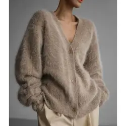 Lazy Wind V-neck Imitation Mink Fleece Sweater Jacket Women's Autumn and Winter New Foreign Style Fluffy Knitted Cardigan Jacket