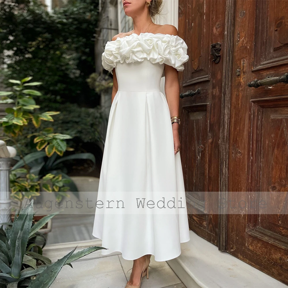 Chic Wedding Guest Dresses Satin A-line Engagement Gown Saudi Arabia Ivory Off-the-shoulder Pleat Ruched Bride Gown for Women