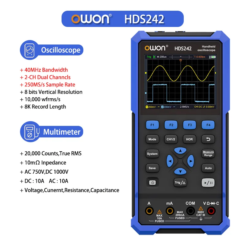 OWON HDS242/HDS272/HDS2102/HDS2202 Multifunctionele draagbare digitale oscilloscoop 100 MHz 500 MSa/s 2 kanalen digitale multimeter