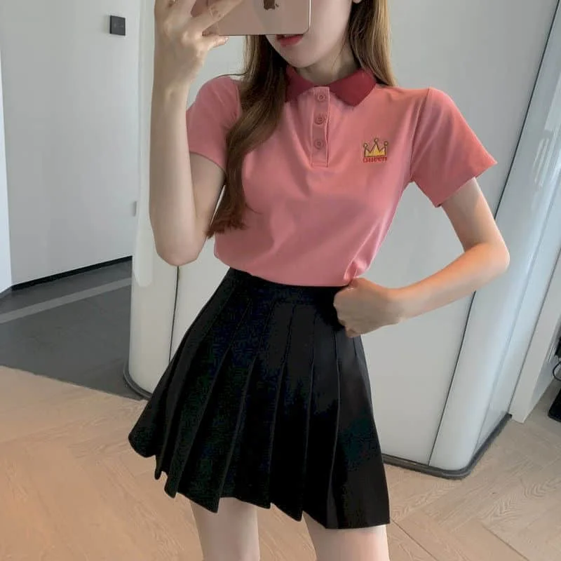 

Dress Sets Two Piece Sets Women Outfits Sweet Korean Fashion Pink Polo-neck Short Sleeve T-shirt and Pleated Skirts for Women