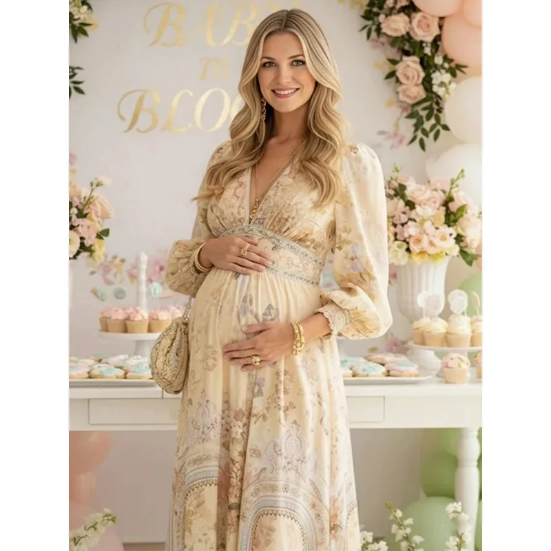 Vintage Blumen-Langarm-Maxikleid für Schwangerschaftsfotoshootings, Babypartys, Geschlechtsenthüllungen, Boho-Fotografie-Outfit