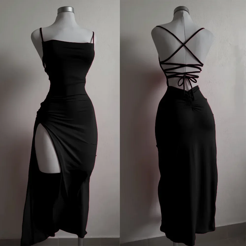 

Sexy Backless Lace Up Long Dress Women Split Sleeveless Bodycon Party Club Evening Dresses High Street Female Suspender Robes