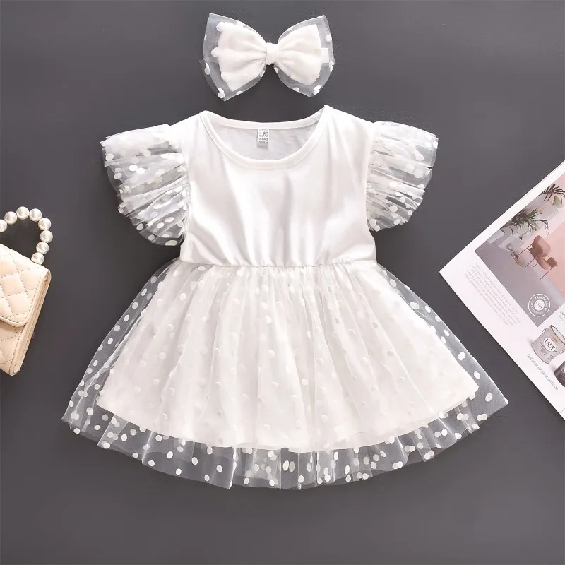 Polka Dot Mesh Flutter Sleeve Dress 2026 Mesh Splicing Design Layered and Stylish Light Fabric Breathable for Summer Wear