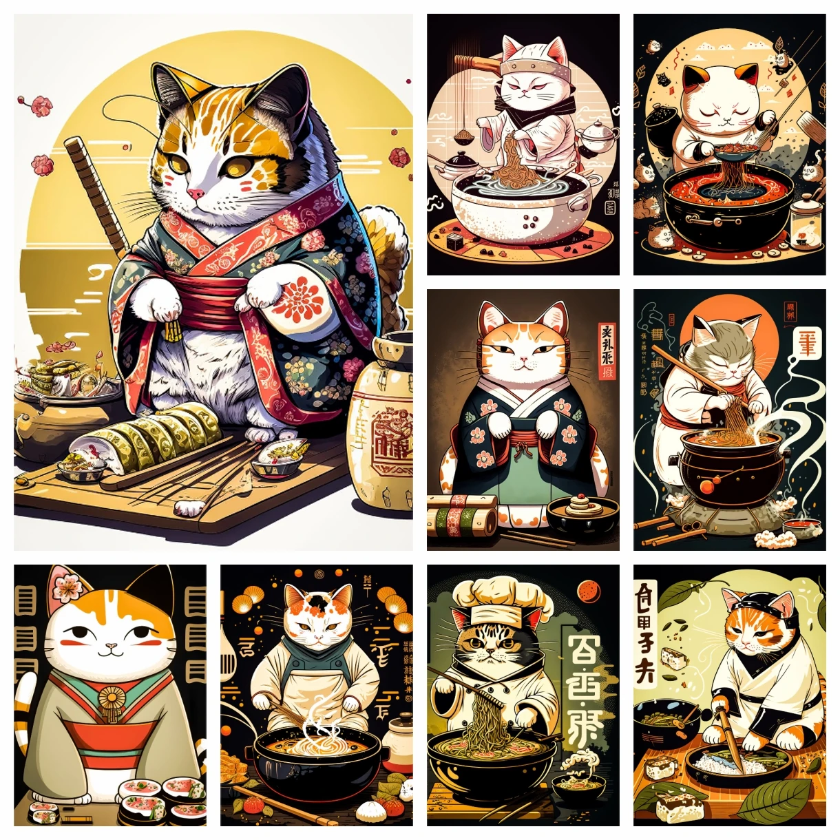 Kit de bordado de punto de pintura de diamante 5D DIY, mosaico japonés, Sushi, gato, Chef, cocina Gourmet, comedor, decoración de dormitorio, regalo para niños