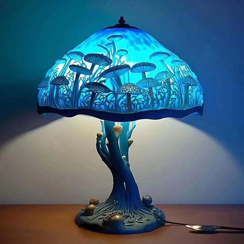 Retro Stained Glass Plant Series Table Lamps Colorful Flower Mushroom Creative Table Night Lamp Bedroom Bedside Atmosphere Light