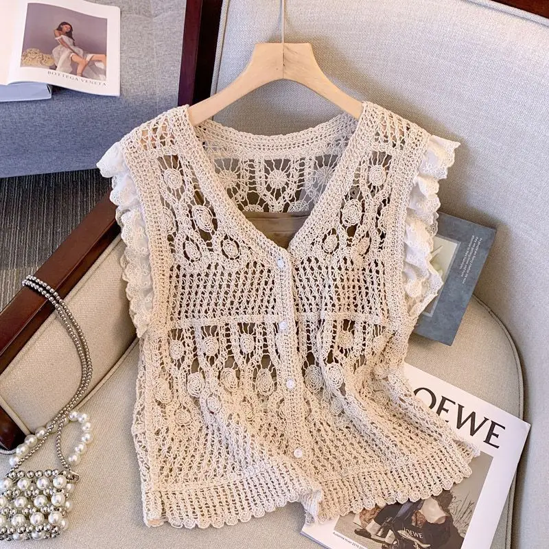 

Summer New V-neck Hollow Hook Flower Korean Sweetheart Versatile Sleeveless Knitted Cardigan