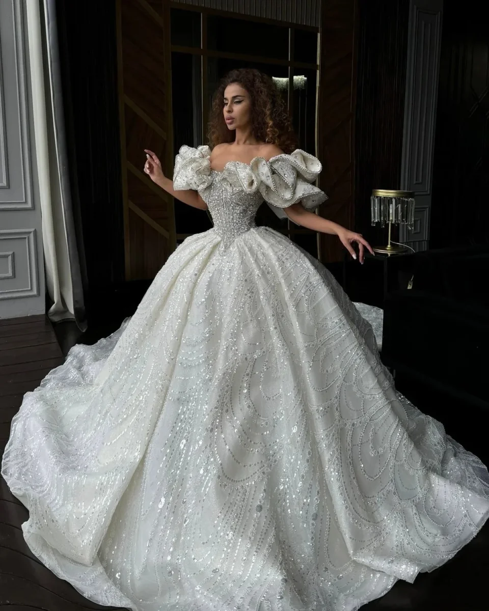 Sparkling Lace Crystal Bead Women's Fluffy Wedding Dress Sexy Waist Cinching Off Shoulder Bridal Gownrobe De Mariée Customized