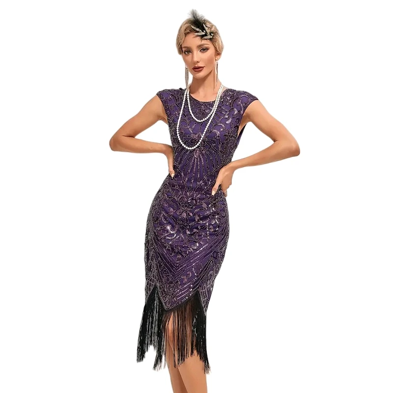 Women's Cap Sleeve Flapper Dresses 1920s Great Gatsby Dresses Sequin Fringed Roaring 20s Party Cocktail Dress