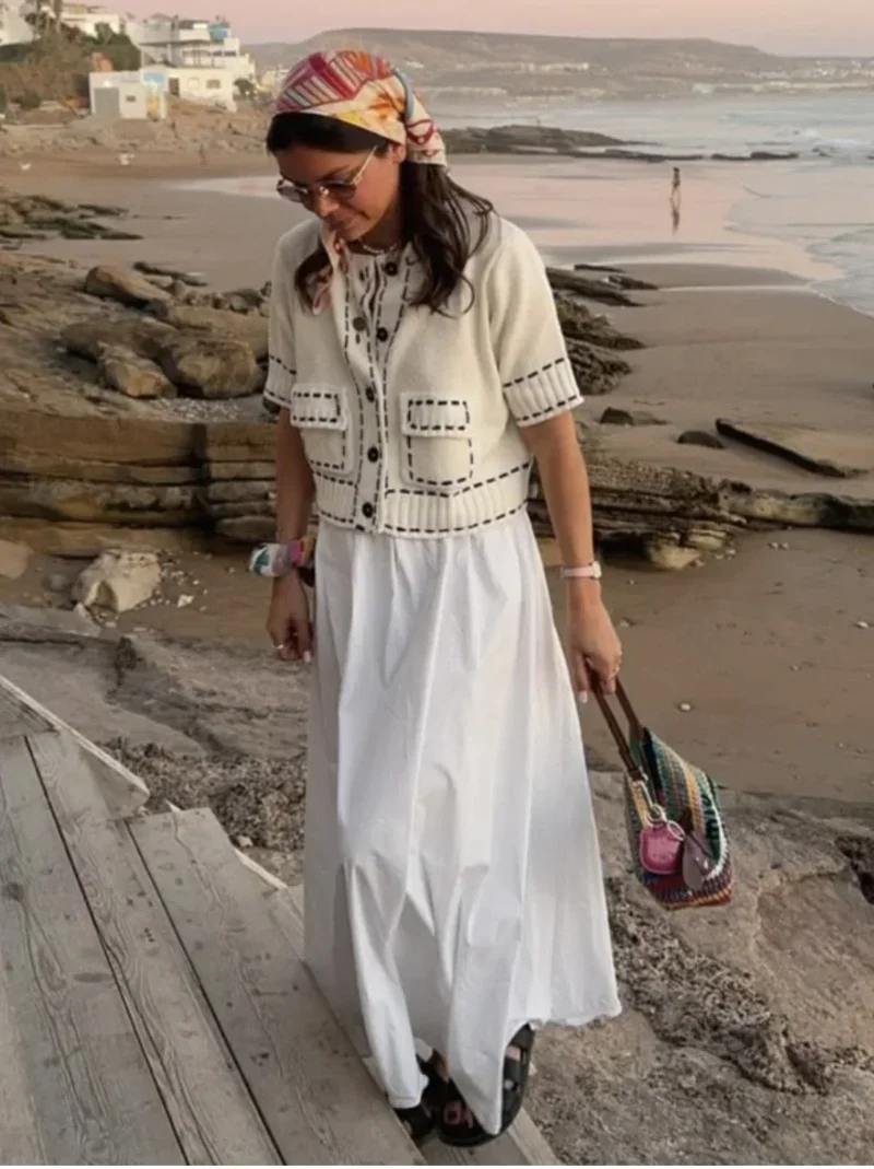 منتجات Pop Spring الجديدة المصنوعة يدويًا للنساء مع معطف سترة محبوكة بأكمام قصيرة ومزخرف بألوان متباينة وخيط #4