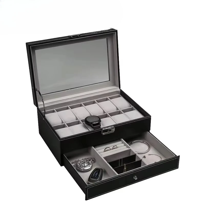 Organizador de óculos de jóias, couro rígido para viagem, caixa de armazenamento de relógio com 12 espaços, embalagem de exibição de caixa de relógio de veludo