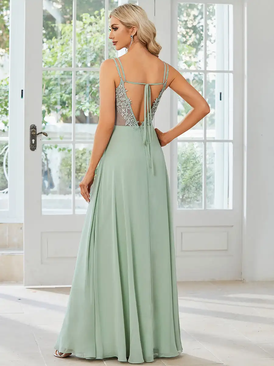 Elegante avondjurk V-rug rugloze vloerlengte Ever Pretty 2025, chiffon rimpel mintgroene bruidsmeisjesjurk