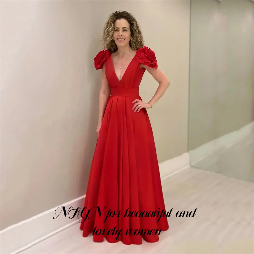 

NFYN Red Prom Dress V - Neck Celebrity Dress with Floral Shoulder Women's Evening Dresses A Line Satin Gala Dresses Customized