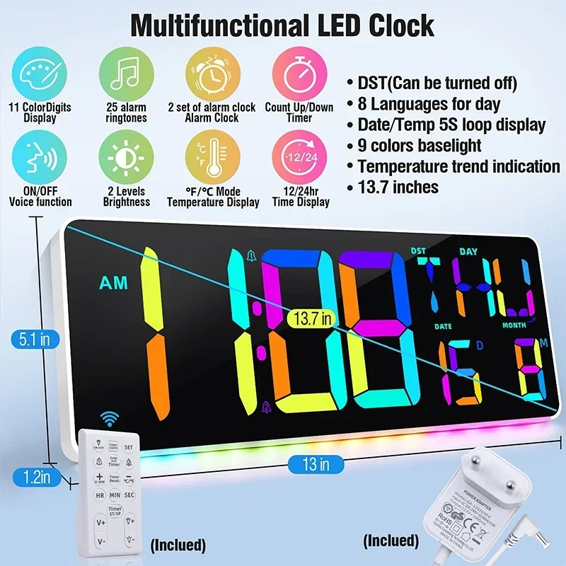 13.7inch LED Screen Digital Wall Clock with Remote Control Dual Alarms Brightness Adjustable Electronic Clock with Bottom Light