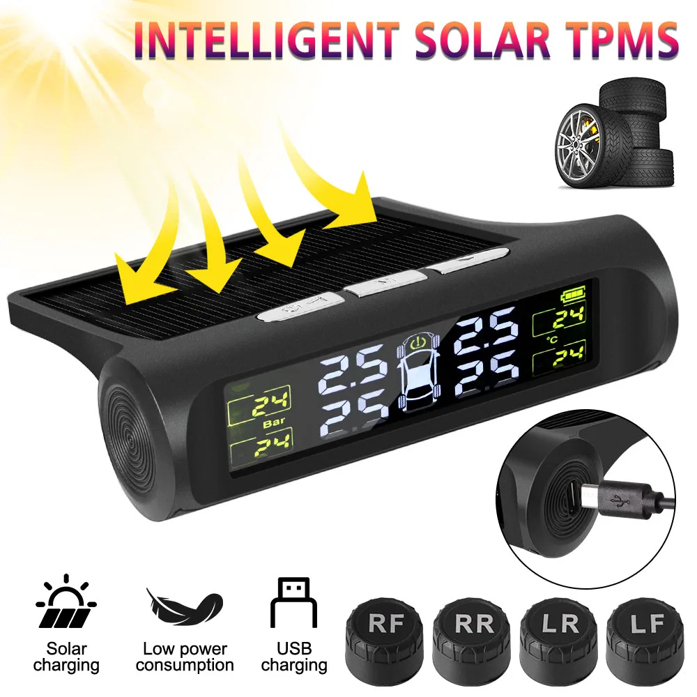Moniteur de température des pneus solaire TPMS, système de surveillance de la pression des pneus de voiture, système d'alarme de sécurité automobile universel, affichage numérique LCD