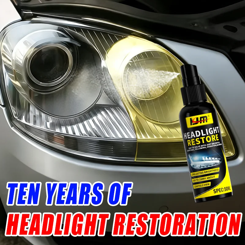 HJM Car Headlight Restoration Kit 50ml Headlamp Polish Repair Spray Anti-Yellowing Oxidation Scratch Remover With Cleaning Towel