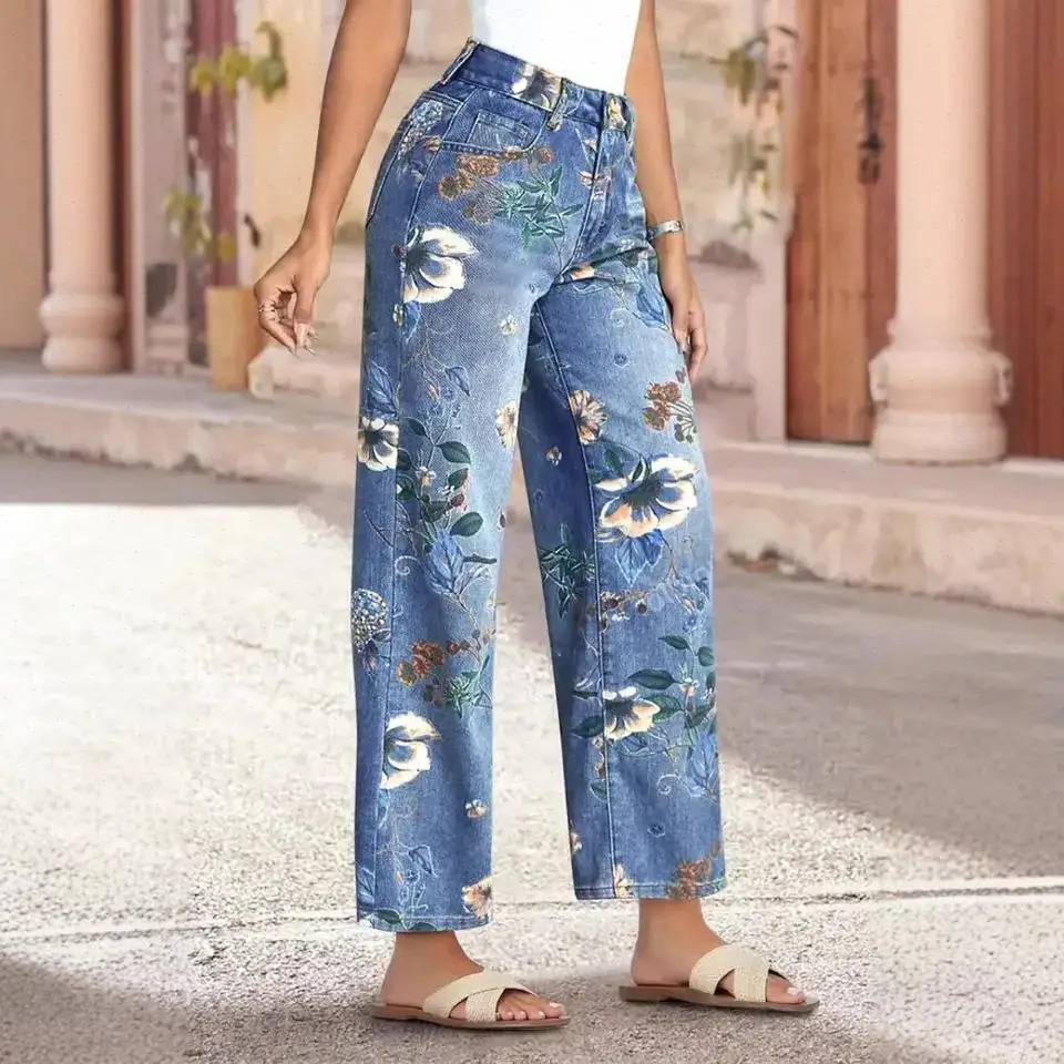 Denim Pant Women Wide Leg Long Pants Floral Print Vintage Loose High Waist Straight Trousers Y2k Streetwear Work Casual summer