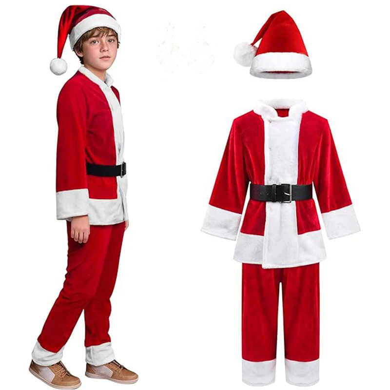 

2025 Christmas Sets For Children Deluxe Plush Claus Red Top+Pants 2pcs Outfits Boys Girls Santa Cosplay Costume Christmas Party