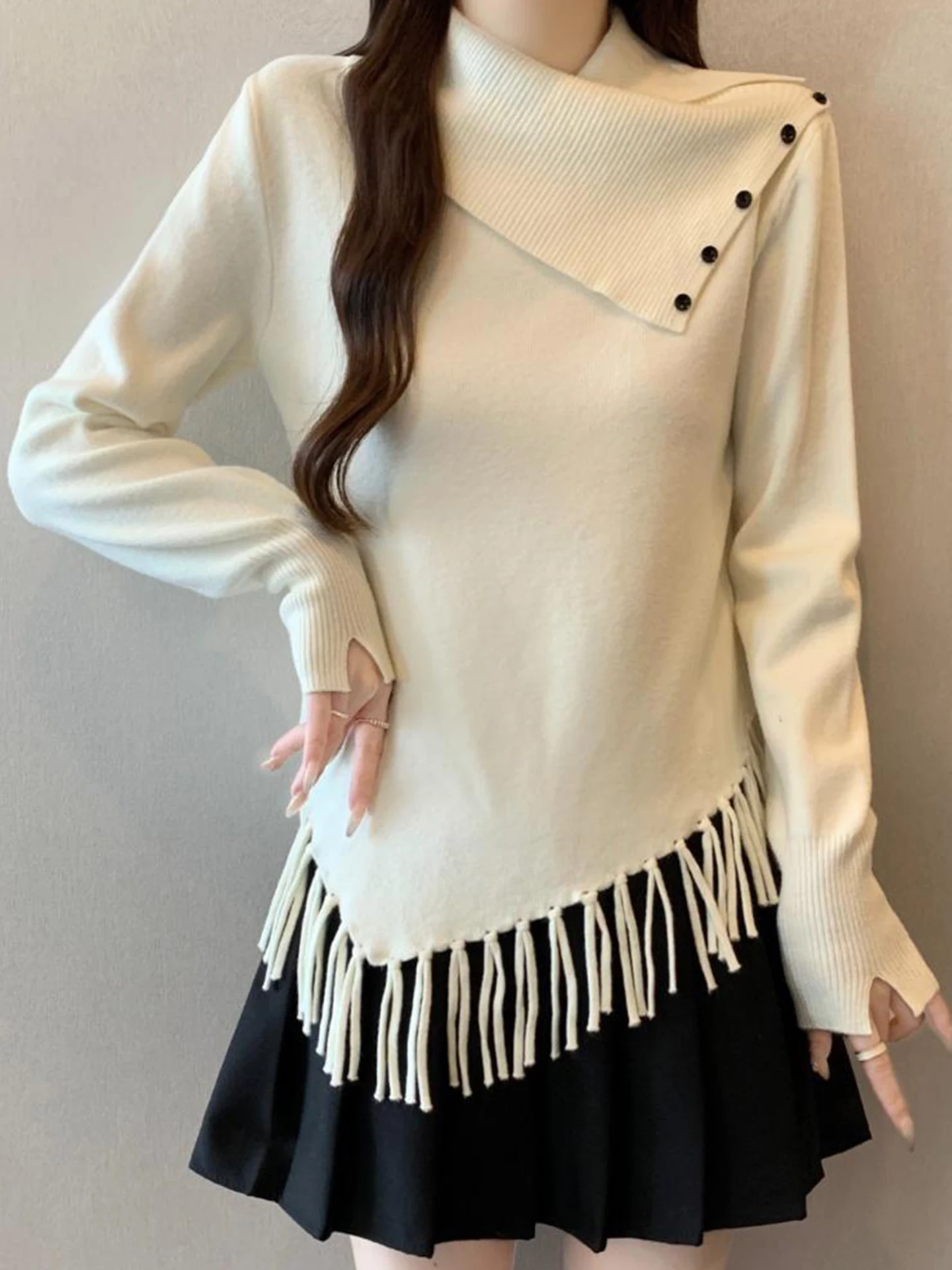 

Women's Knitwear Shoulder-Length Notched Collar Slim Fit Bottoming Asymmetrical Long Sleeve Regular Thickness Pure Color Top