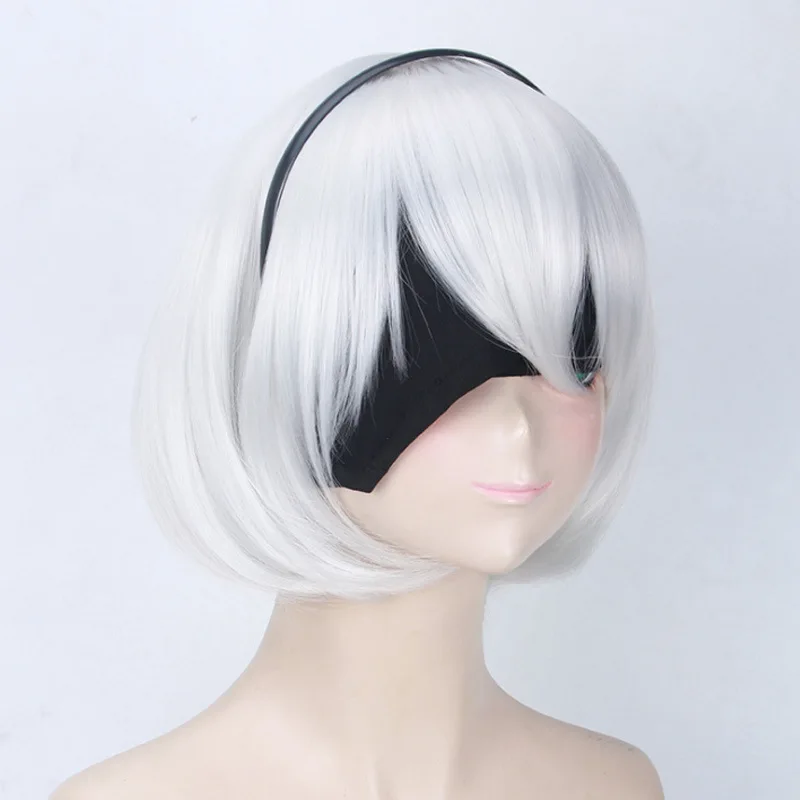 Tsuki nier automata 2b feminino chumbo peruca cosplay prateado branco gradiente franja sintética curta reta peruca anime bonito menina peruca