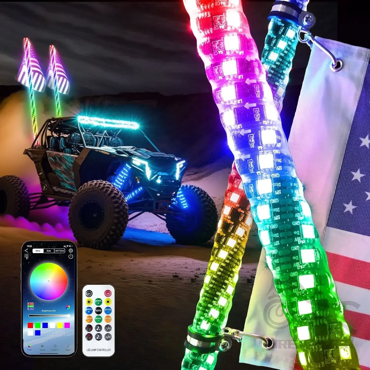

2/3/4FT RGB LED Whip Lights Customizable Length Multicolor Flagpole Decorative Lamps For UTV ATV Polaris RZR