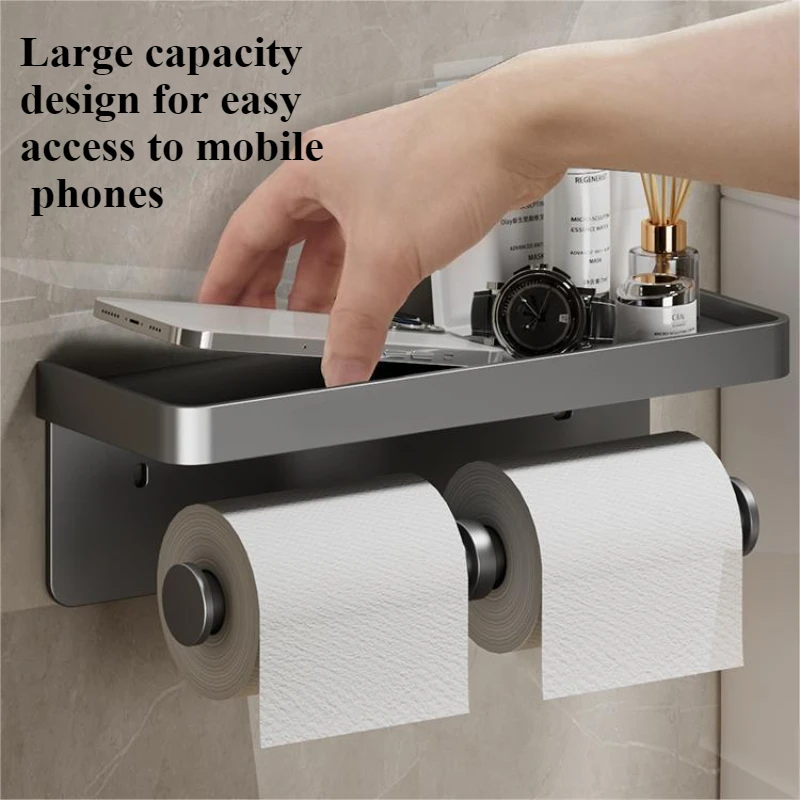 No Punching Wall Mounted Bathroom Shelve Aluminium Toilet Paper Holder Bathroom Phone Storage Paper Dispenser Roll Paper Holder
