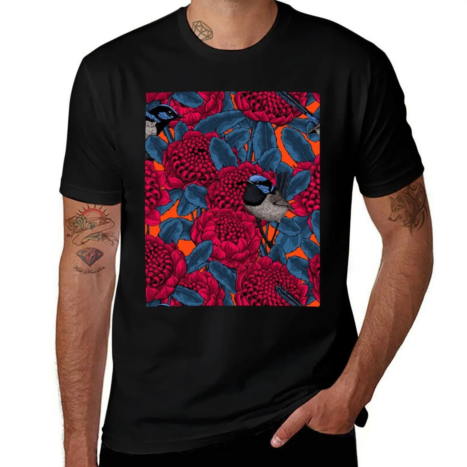 Red waratah and fairy wrens T-Shirt sublime summer tops funny t shirts for men