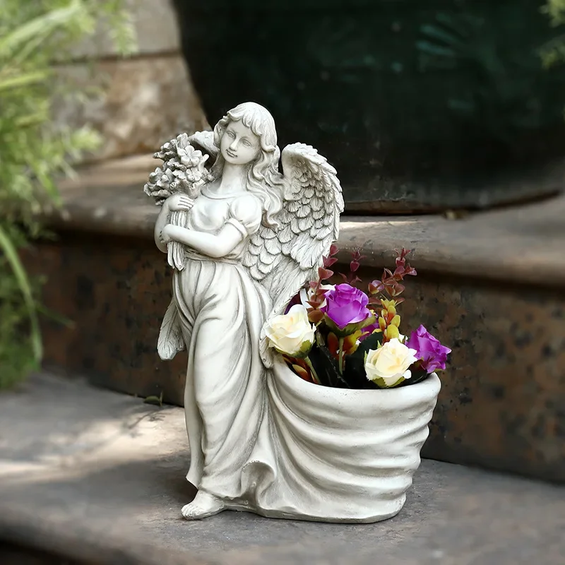 Retro Resin Crafts Character Sculpture Flower Jar Garden Landscape Decoration Courtyard Villa Creative Angel Flower Pot Gardens