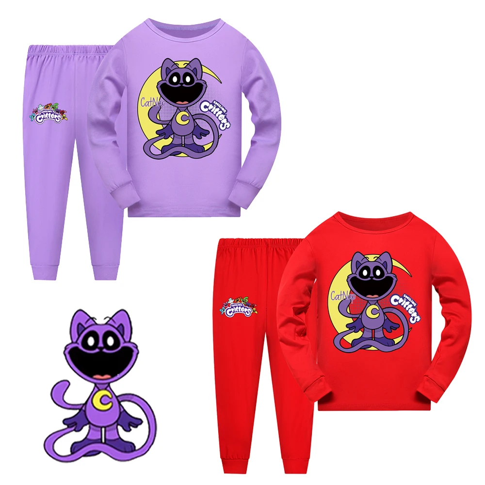 Nowe jesienne zwierzęta uśmiechnięte dziecięce bluzy z długim rękawem + zestaw spodni Cartoon Catnap Print chłopcy dziewczęta modne ciuchy Casaul