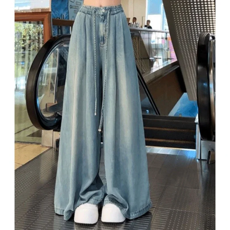 Women Jeans 2024 Summer New Draping Wide Leg Fat Mm Elastic Waist Loose Fashion Pants Pure Color Soft All-match Denim Trousers