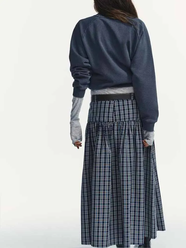 Nuovi arrivi invernali in stile europeo e americano, gonna midi scozzese a vita media da donna casual alla moda e alla moda con cintura