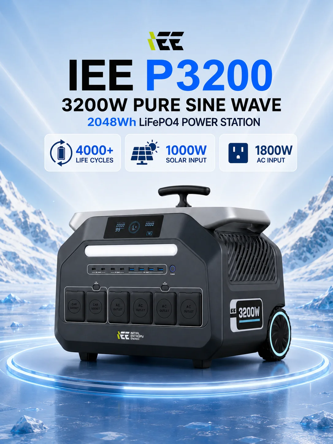 IEE P3200 Tragbare Powerstation 3200W 2048Wh LiFePO4 Solar-Generator 1000W Solar-Eingang für Notstromversorgung zu Hause, Wohnmobil, Camping, Notfälle