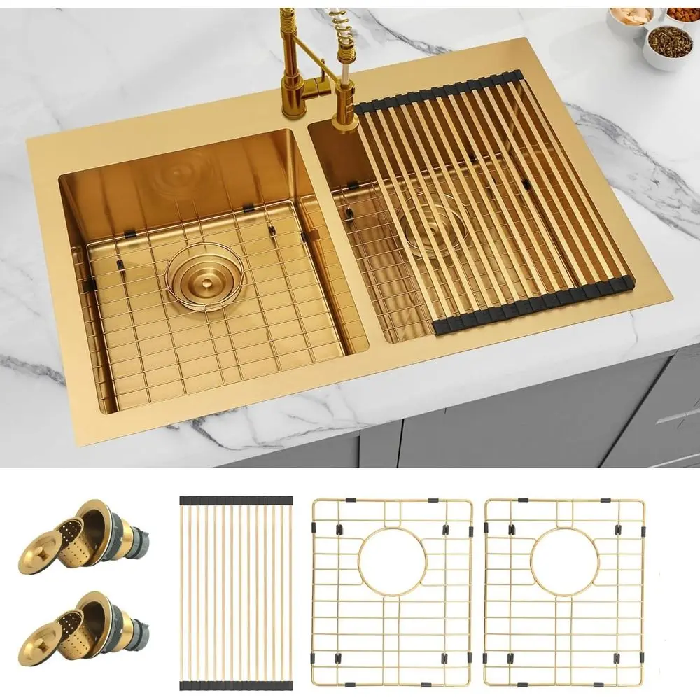 

Gold Kitchen Sink 33" X 22",Double Bowl Kitchen Sinks,Top Mount/Drop In Double Sink 16 Gauge StainlSteel