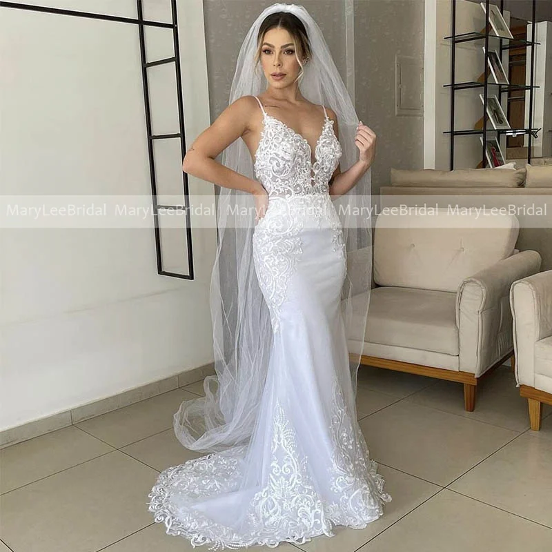 

Vestido Branco Mermaid Boho Wedding Dresses Spaghetti Straps Deep V-neck Embroidery Lace Bridal Gowns Low Back vestido feminino