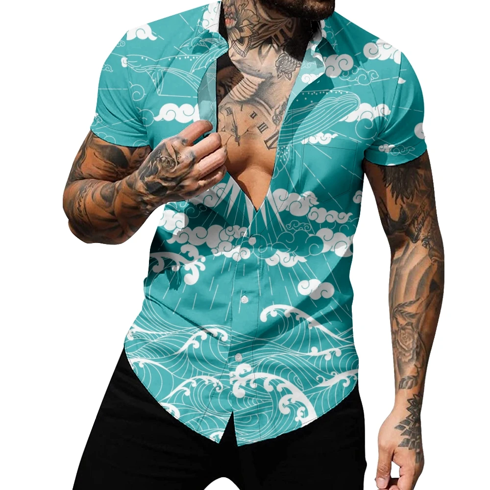 

Японская гавайская рубашка Kanagawa Wave, мужская летняя повседневная уличная рубашка с коротким рукавом для мужчин, модная рубашка для пляжной вечеринки