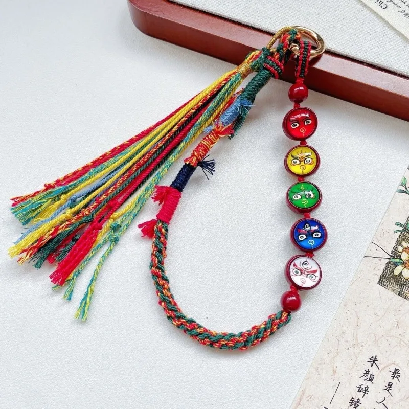 Original Tibetan Style Five Roads Wealth Gods Phone Lanyard Keychain with Hand Carry Strap Durable Chinese Pattern Amulet Gift