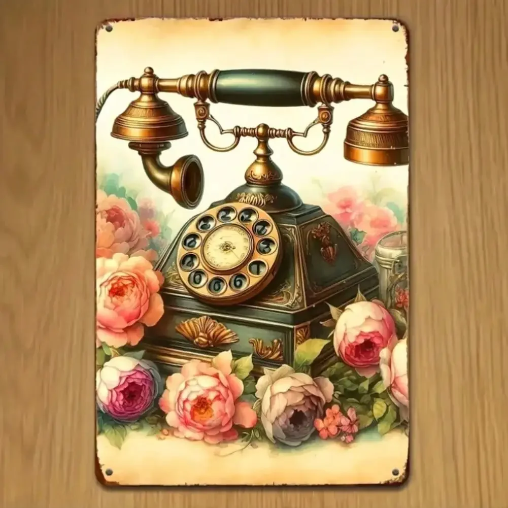 Vintage Rotary Dial Phone Metal Wall Art, Retro Floral Decor for Bedroom, Living Room & Kitchen