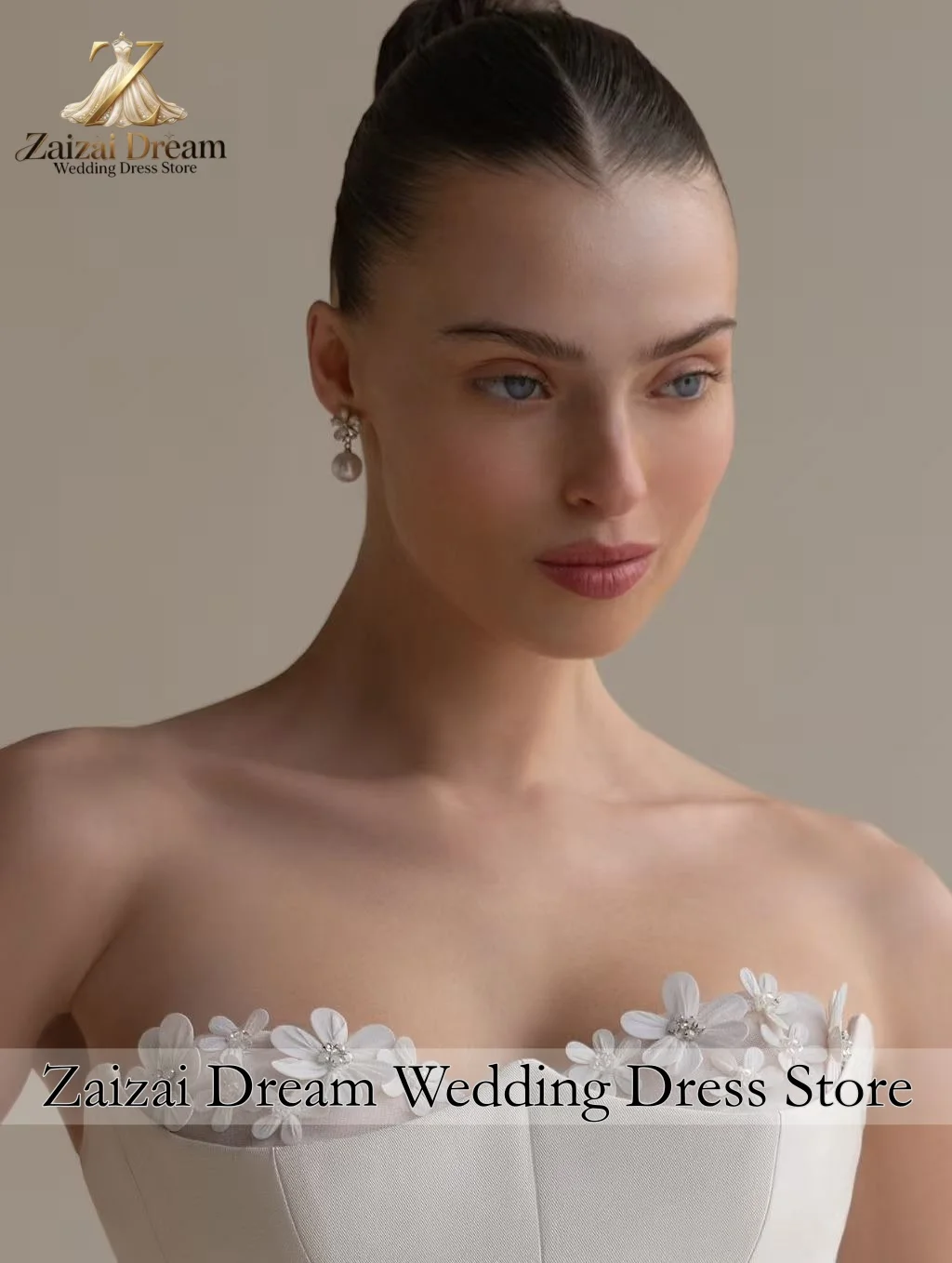 Customized Elegant Strapless Satin Wedding Dress 3D Floral  Princess Bridal Gown Chapel Train Vestidos De Novia