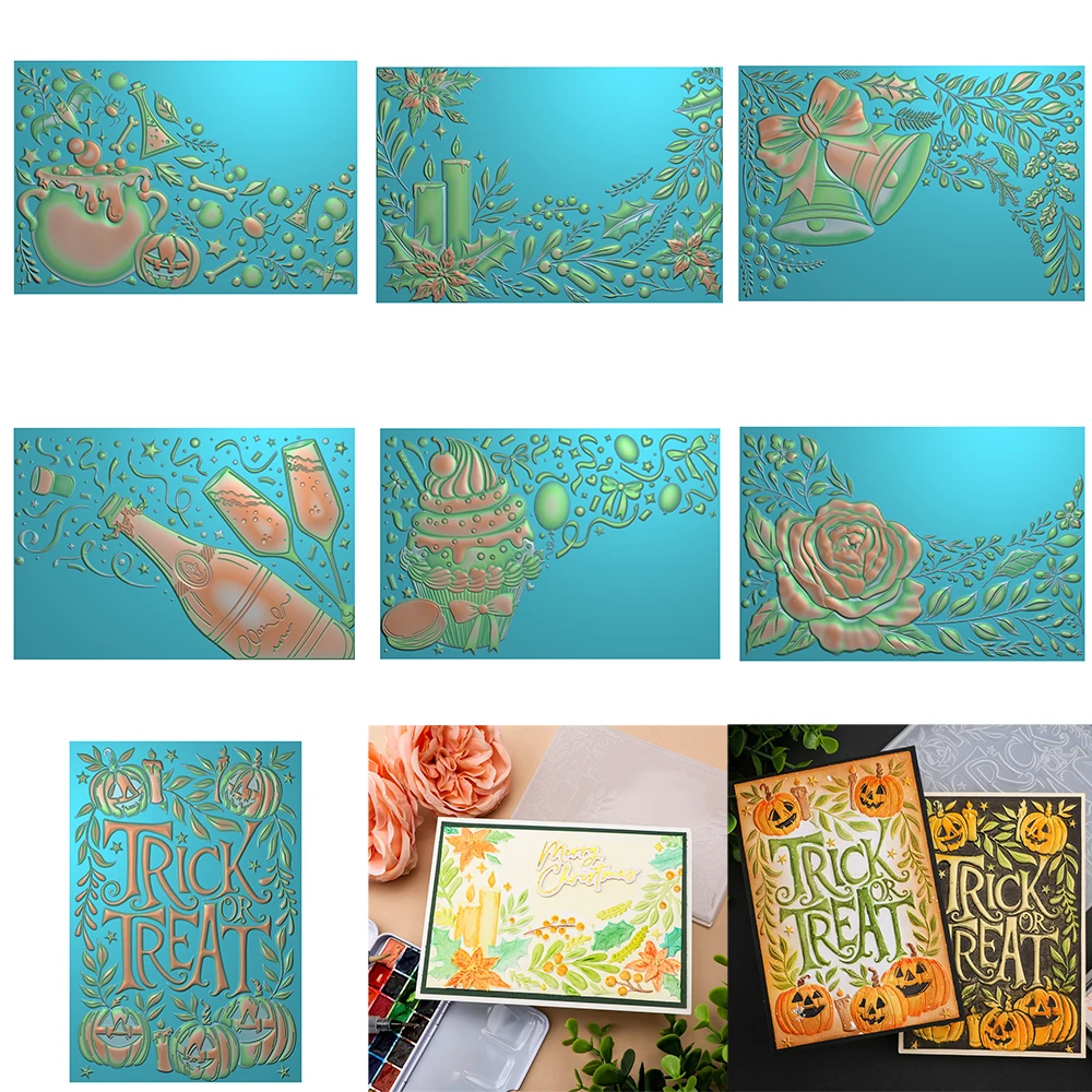 

Винтажная папка с 3D тиснением на Хэллоуин, скручивающимися цветами, Холли и свечи для DIY, скрапбукинга, добавления текстурной бумаги, рождественские поделки