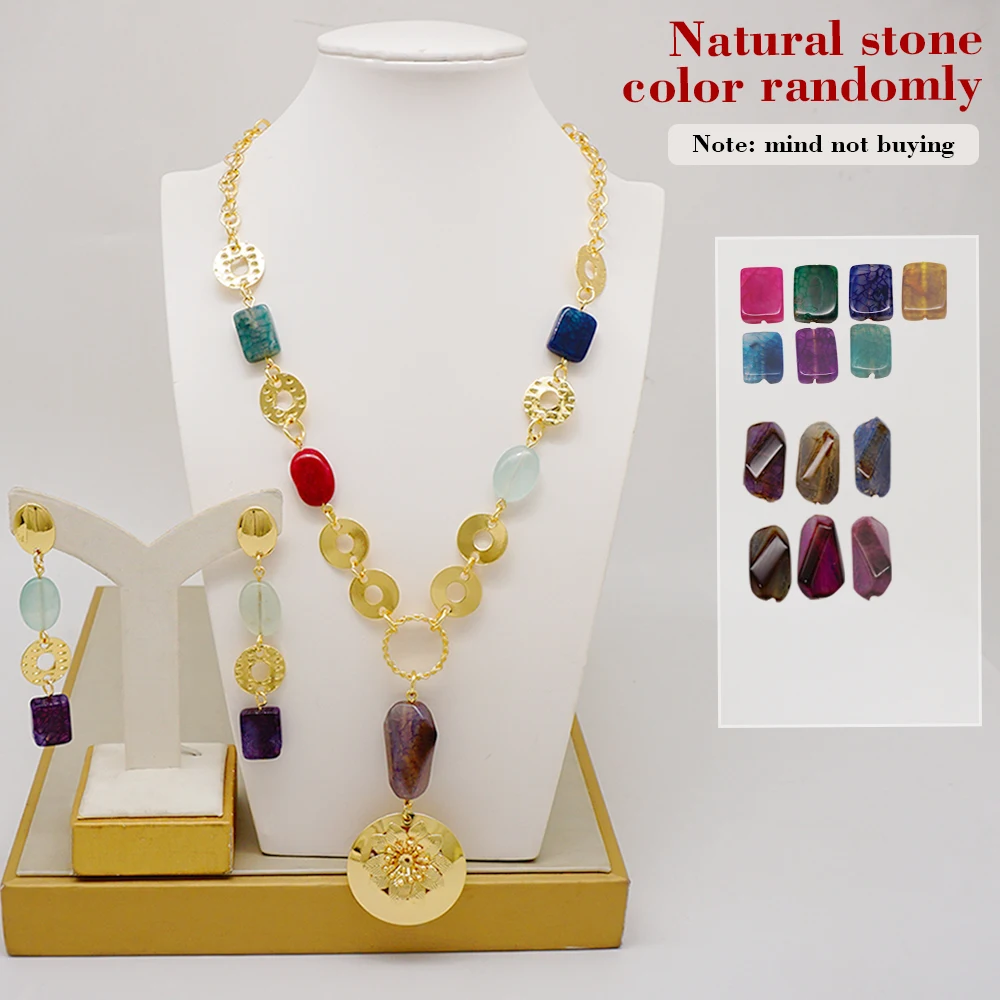 Fashion Jewellery Set Luxury Color Stone Long Necklace & Earrings 2Pcs Set For Dubai African Weddings Necklace Sets Random Style